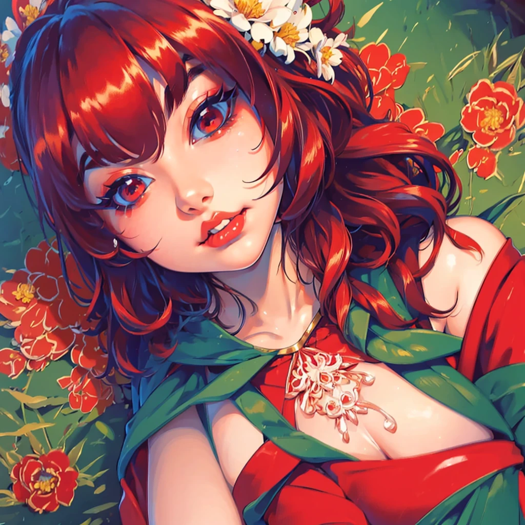 (masterpiece),(best quality:1.0), (ultra highres:1.0), detailed illustration, 8k, anime, 1girl, beautiful anime girl, wearing a red dress, flower crown, pretty face, detailed face, beautiful eyes, detailed eyes, dark red eyes, bright red lips, red lipstick, beautiful stylish hair, highlights in hair, bangs anime style, best quality, vibrant