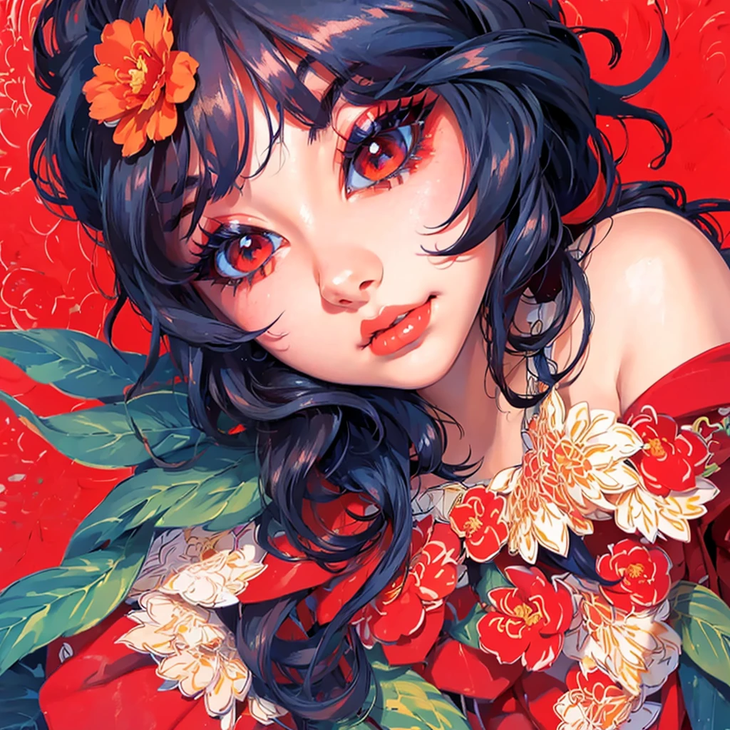 (masterpiece),(best quality:1.0), (ultra highres:1.0), detailed illustration, 8k, anime, 1girl, beautiful anime girl, wearing a red dress, flower crown, pretty face, detailed face, beautiful eyes, detailed eyes, dark red eyes, bright red lips, red lipstick, beautiful stylish hair, highlights in hair, bangs anime style, best quality, vibrant