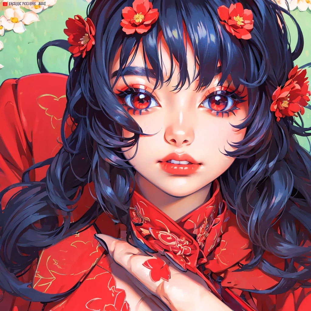 (masterpiece),(best quality:1.0), (ultra highres:1.0), detailed illustration, 8k, anime, 1girl, beautiful anime girl, wearing a red dress, flower crown, pretty face, detailed face, beautiful eyes, detailed eyes, dark red eyes, bright red lips, red lipstick, beautiful stylish hair, highlights in hair, bangs anime style, best quality, vibrant