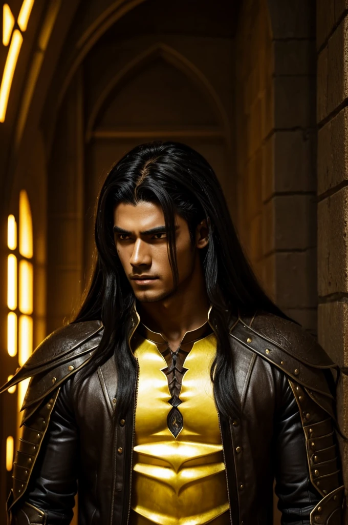 A demon hunter from demon slayer, a tall and very handsome -yeld boith black hair, brown skin, yellow eyes with a spiral and long hair and very handsome, half-demon but he hides it, appearing to be a human.