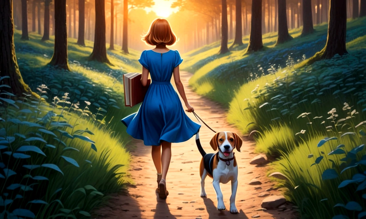 Draw her in a blue dress with a book in her hands. With a beagle walking back along a forest trail at sunset, both smiling.