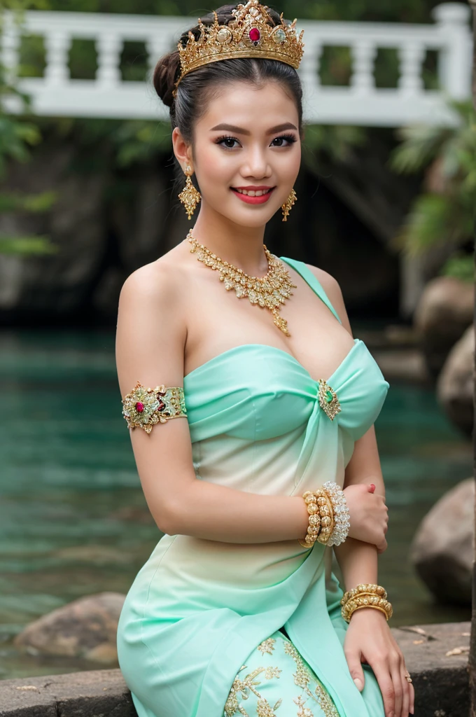 (masterpiece), best quality, ultra high res, , (princess:1.3), standing, (NSFW), lace underwear, beautiful face,( thailand tradition house:1.3),,(cute girl:1.3), ( thai ombre mint green detailed traditional dress:1.3),(traditional body strap:1.2) big ,detailed background , gloves, hair bun, , big hair_ornament, ear ornaments, ear peice, ear jewelries, big crown, big jewelry, hair_stick, jewelry, necklace, bracelets, arms jewelry, (seductive:1.3), ( looking at viewer:1.5) , ocean,flowers, beautiful day, close eyes, enjoying the breeze ,beautiful smile, big breast, in the water, sitting