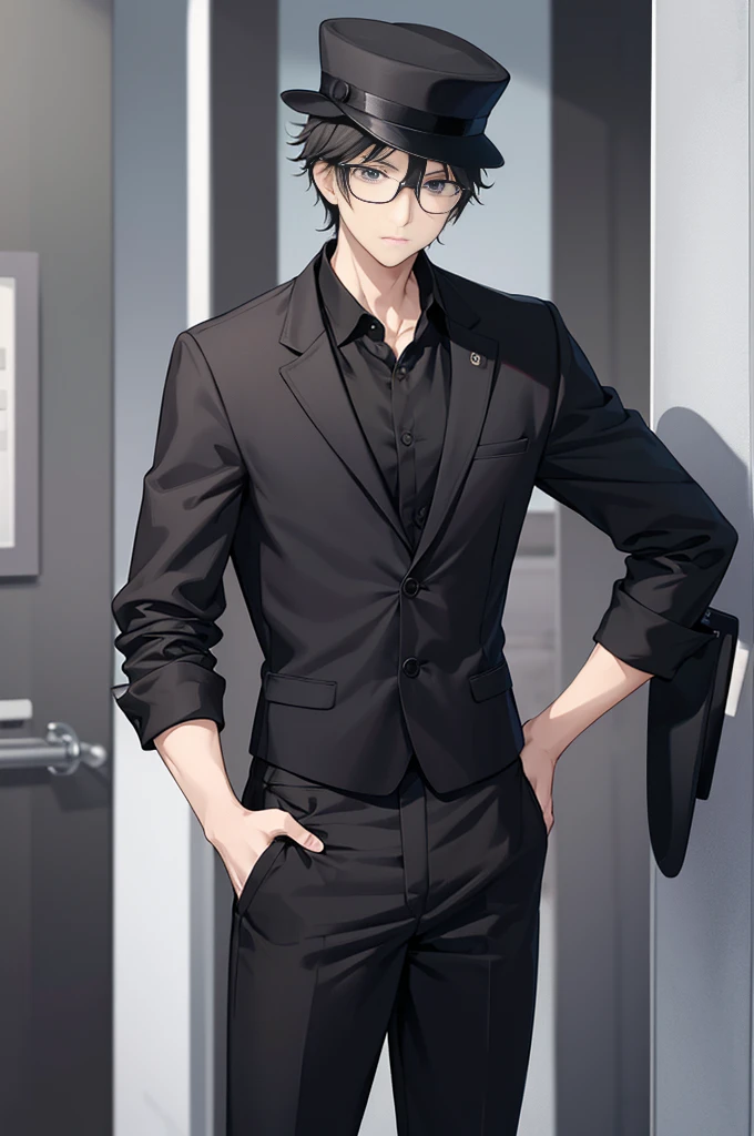Young man, black shorts hair, eyes gray, glasses, black Fedora hat, black suit, black pants, pocket clock, strong