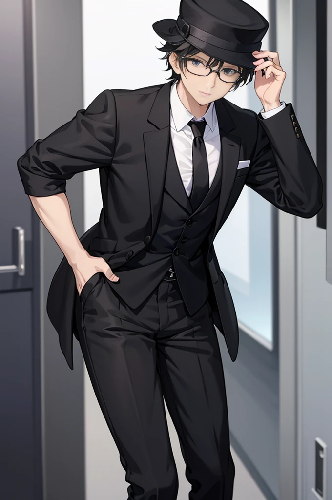 Young man, black shorts hair, eyes gray, glasses, black Fedora hat, black suit, black pants, pocket clock, strong