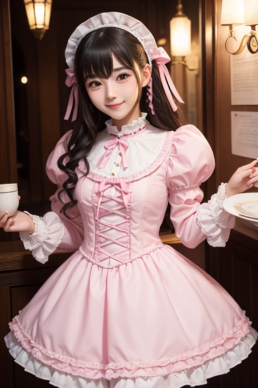 masterpiece、Highest quality、８ｋ、1 Girl、White skin、whole body、Beautiful thighs、Gospel Lolita Fashion、Pink outfit、maid Cafe、night、light、Listen to orders、Cute Smile