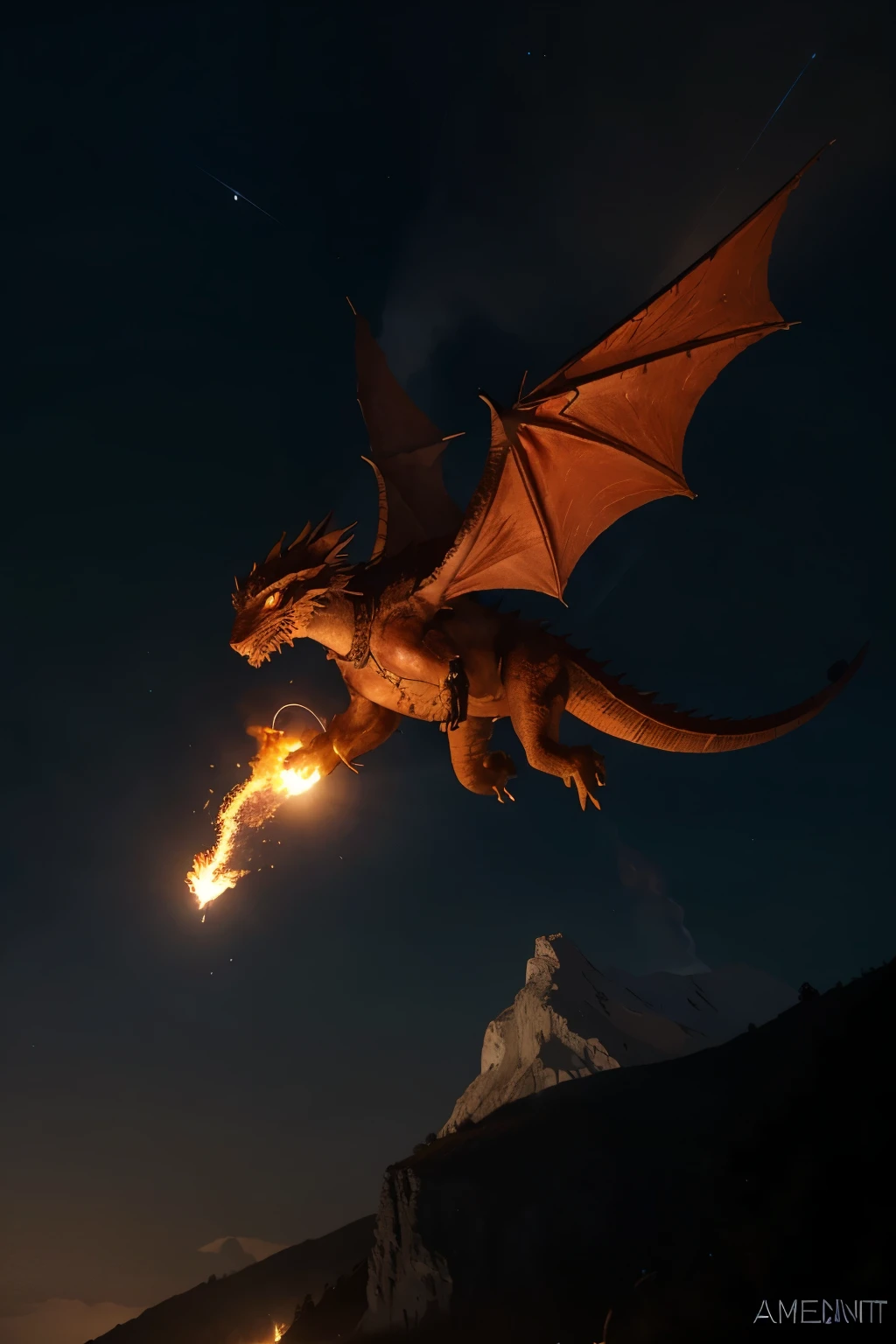 Un majestueux dragon avec des écailles incandescentes et des ailes de feu, se tenant sur une falaise volcanique sous un ciel étoilé. Le dragon a des yeux rouges ardents et des griffes acérées, avec des flammes jaillissant de ses narines. En arrière-plan, un volcan en éruption et des rivières de lave rougeoyantes illuminent la scène. L'ambiance est intense et dramatique, avec des éclats de lumière provenant des flammes et de la lave. Intègre un symbole de rune magique lumineuse sur une des écailles du dragon, rayonnant d'une lumière dorée.