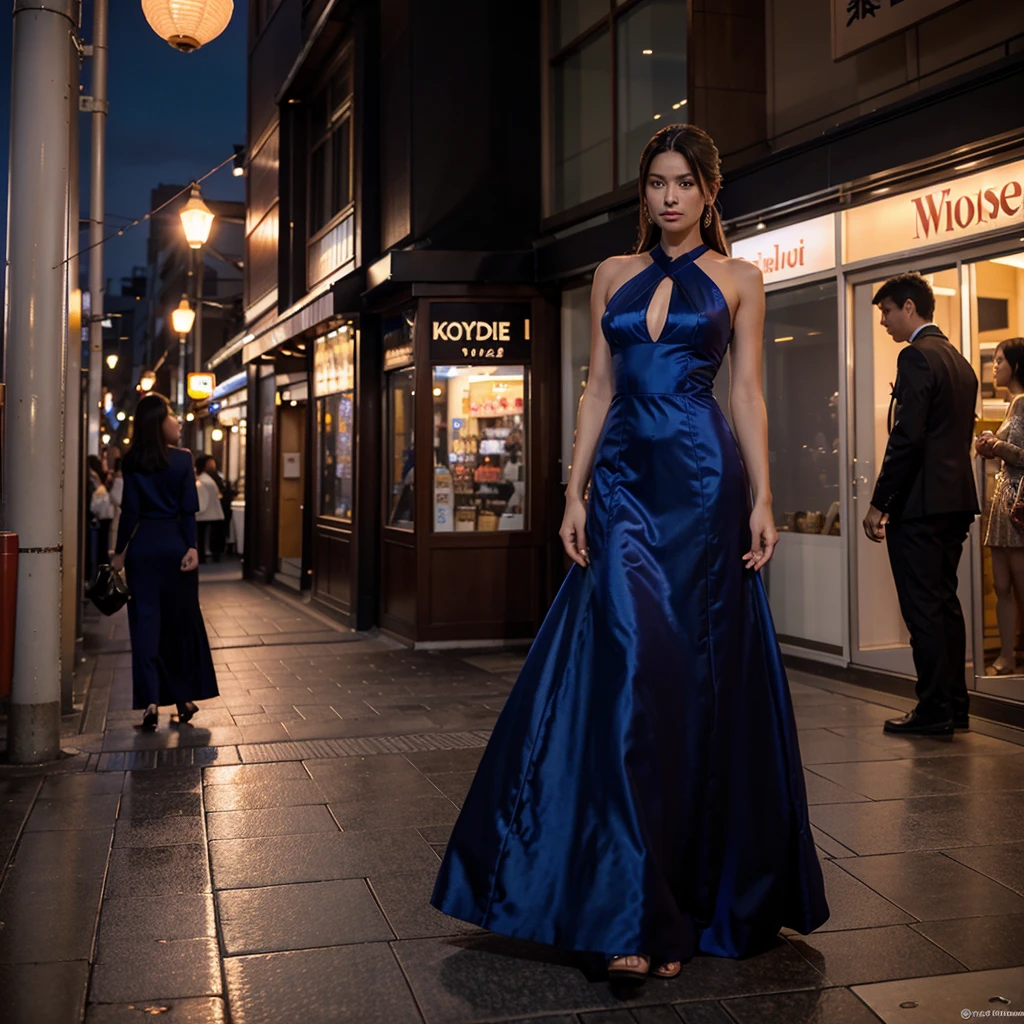 Female supermodel. Royal blue evening dress. Dim, soft lighting. Sunset. Sunset.Musashi-Koyama Shopping Street “Palm”, Tokyo, Japan.