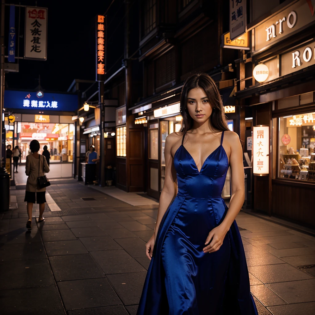 Female supermodel. Royal blue evening dress. Dim, soft lighting. Sunset. Sunset.Musashi-Koyama Shopping Street “Palm”, Tokyo, Japan.