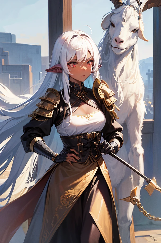 Create an illustration of a female warrior with humanoid and goat features, including longs horns. She has dark skin and very long white hair. Her attire should be more medieval village, incorporating elements such as leather armor, chainmail. Equip her with two katanas. The overall aesthetic should maintain a balance between her fierce warrior persona and her unique hybrid appearance.