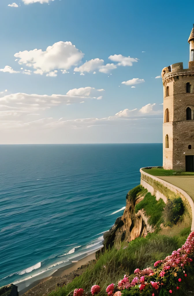 I want a tower covered in roses seen from a ground-level but nearby perspective that looks deteriorated and abandoned but the image has a tinge of nostalgia that the tower is on a cliff and that the background is the sea and the sky