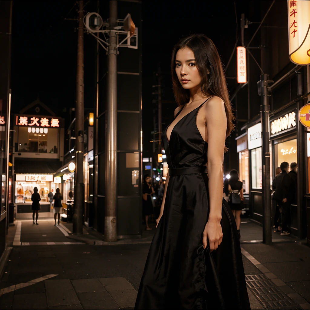 Female supermodel. Black evening dress. Dim, soft lighting. Sunset. Sunset.Musashi-Koyama Shopping Street “Palm”, Tokyo, Japan.