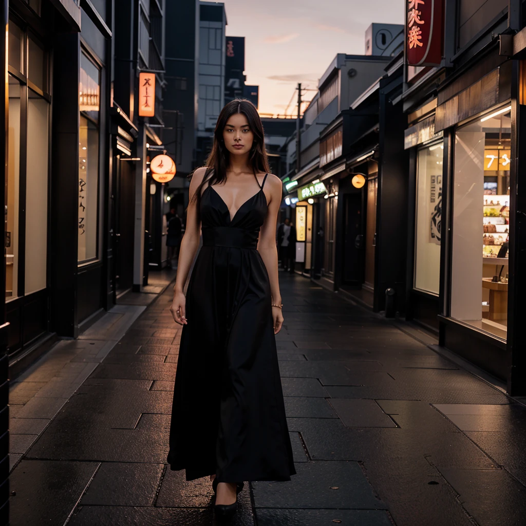 Female supermodel. Satin gray evening dress. Dim, soft lighting. Sunset. Sunset. Kappabashi Kitchen Tools Street, Tokyo, Japan.