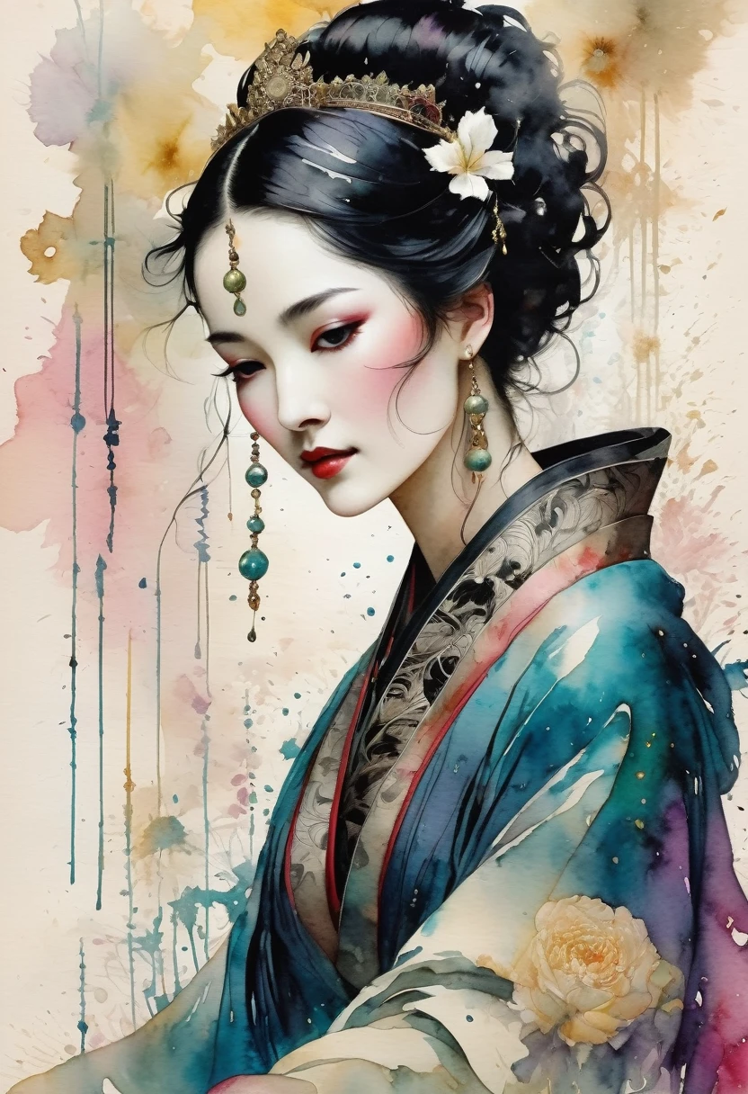 A Beautiful empress, porcelain white, black hair, wearing a traditional ornate robe, Harrison Fisher and Catrin Welz-Stein, pen and ink lines, calligraphic lines, vivid colours, highly detailed, ((Full body picture))