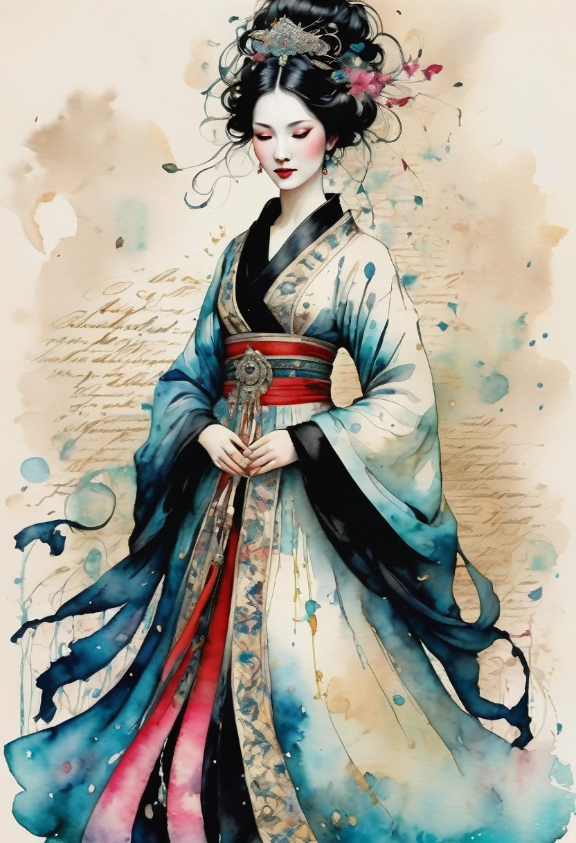 A Beautiful empress, porcelain white, black hair, wearing a traditional ornate robe, Harrison Fisher and Catrin Welz-Stein, pen and ink lines, calligraphic lines, vivid colours, highly detailed, ((Full body picture))