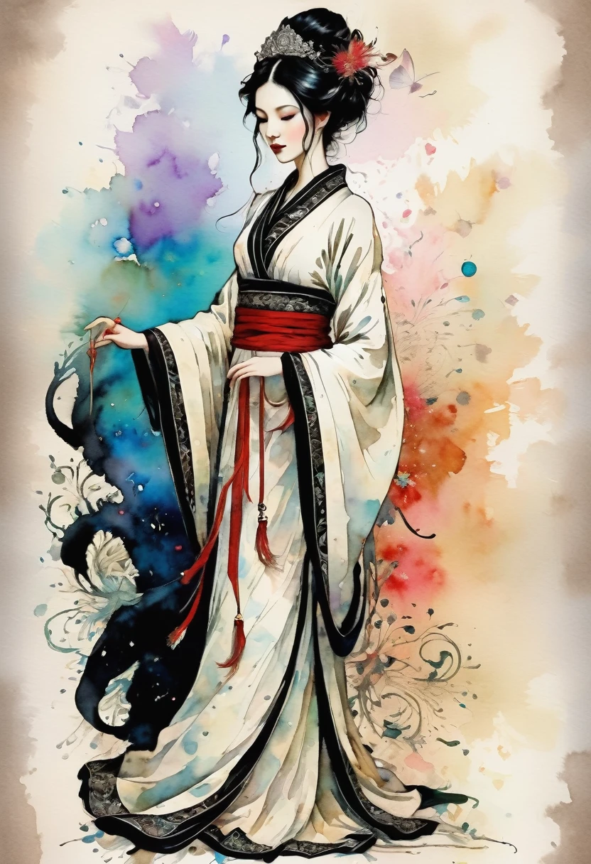 A Beautiful empress, porcelain white, black hair, wearing a traditional ornate robe, Harrison Fisher and Catrin Welz-Stein, pen and ink lines, calligraphic lines, vivid colours, highly detailed, ((Full body picture))