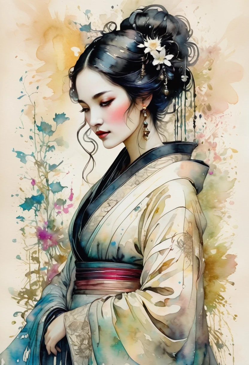 A Beautiful empress, porcelain white, black hair, wearing a traditional ornate robe, Harrison Fisher and Catrin Welz-Stein, pen and ink lines, calligraphic lines, vivid colours, highly detailed, ((Full body picture))