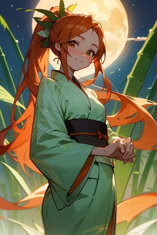 anime style, super fine illustration, super detailed, ,masterpiece,best quality,beautiful background,8K, On a summer night during Tanabata,Break background(Bamboo leaf,Beautiful Moon),Break perfect face,perfect hands,perfect fingers,(full-face brasched:1.3),Orihime,Orange Hair,kimono,Blushing,ponytail,standing, attention,smile