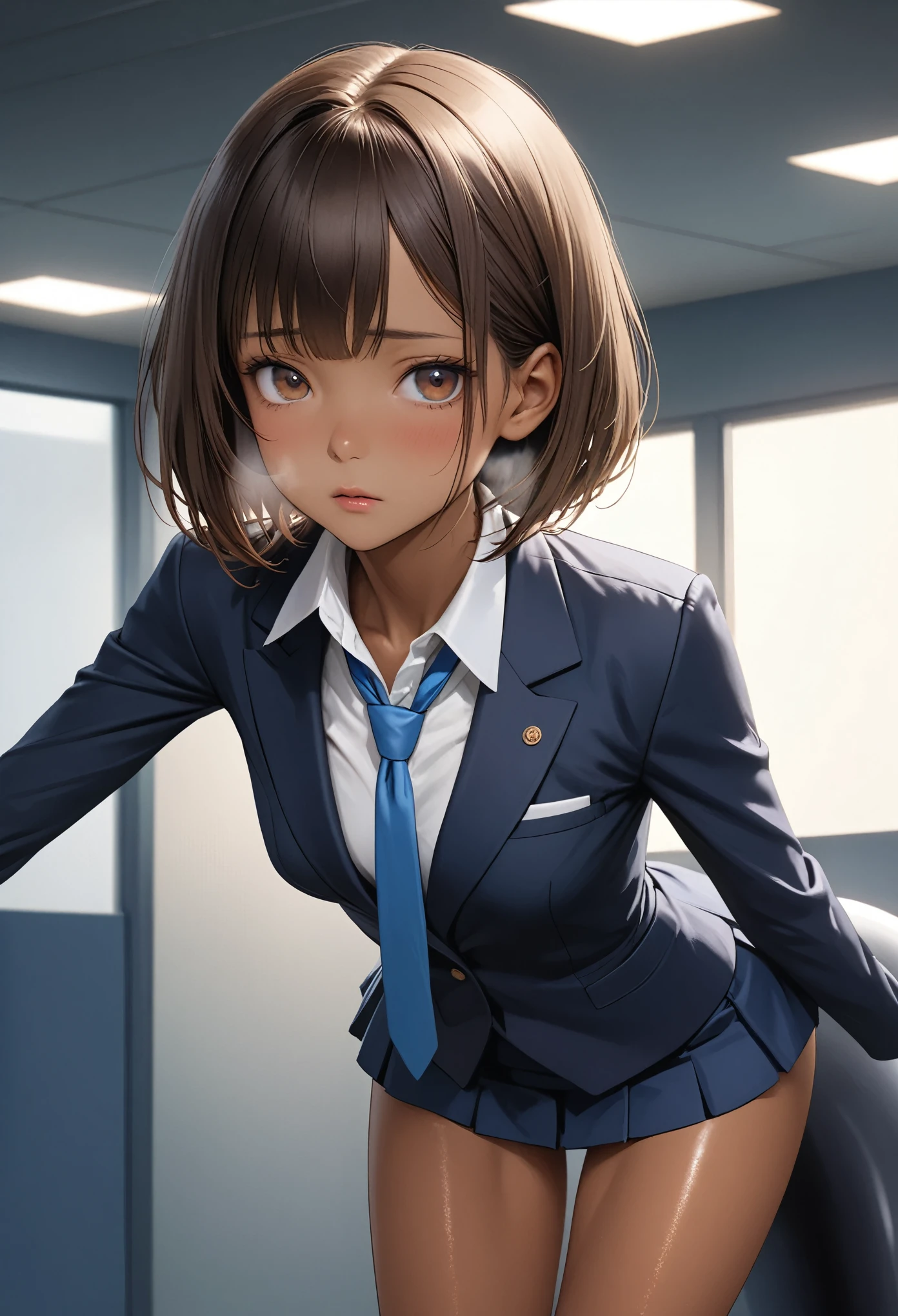 (masterpiece,Highest quality:1.3,best quality illustration),realistic,cowboy shot,1woman,30 year old Japanese beauty,((very small head:1.4)),short bob hair,brown hair,bangs,brown eyes,gorgeous eyes,shy,Heavy breathing,((Dark blue blazer jacket、White Shirt、Blue tie、Navy blue mini skirt、black thighhighs)),Naval Officer Uniform,small breasts,((very long body:1.4,tan skin:1.3)),(toned body,slender body,skinny),gleaming skin,shiny skin,Love juice:1.5,standing,conference room、Naval Base、