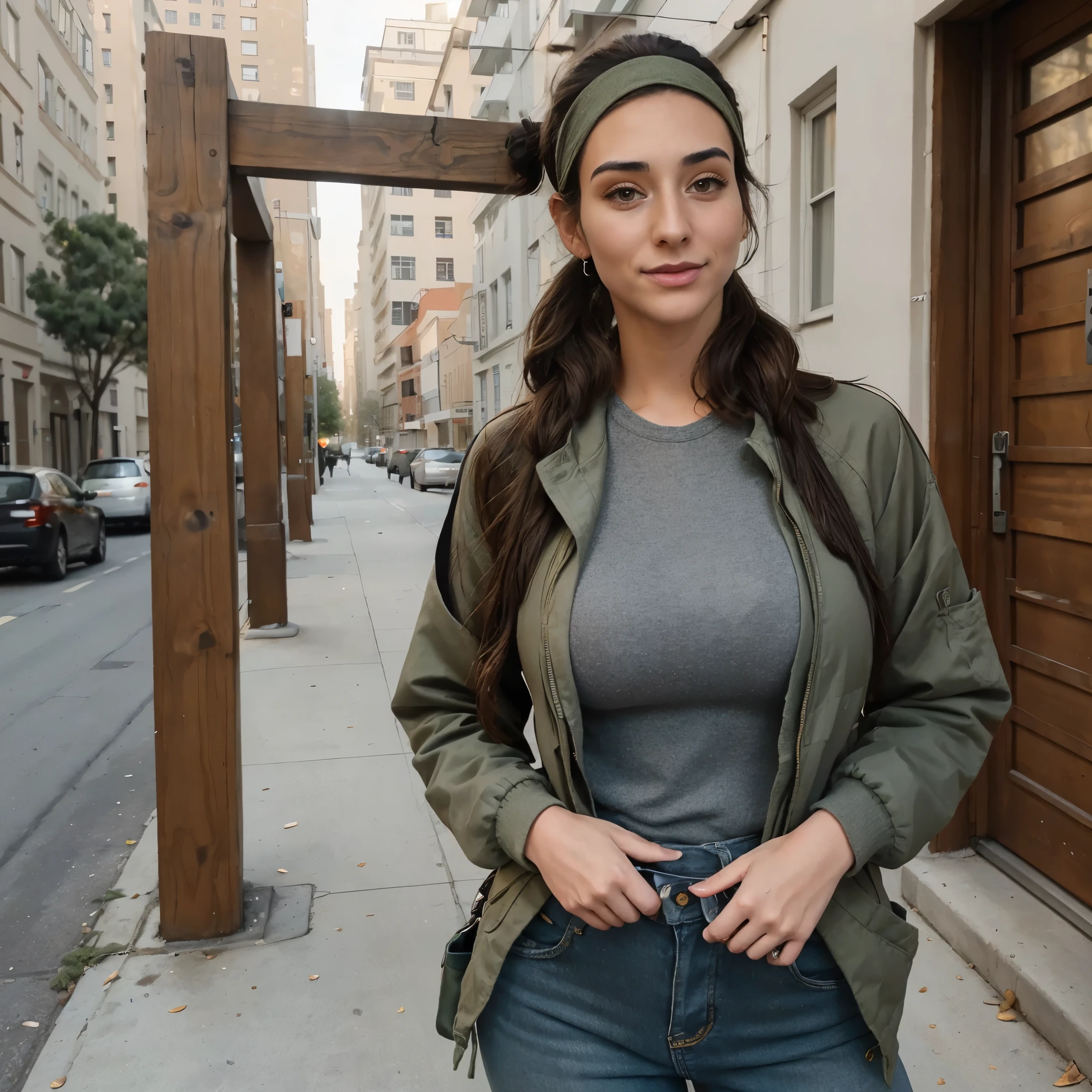 Extremely busty thin and toned brunette photographer, college girl, fair skin, loose ponytail, soft face, athletic, bandana babushka headwrap, tight olive green casual windbreaker, skinny jeans. standing in front of her apartment building, outdoors, city, camera bag, cleavage
