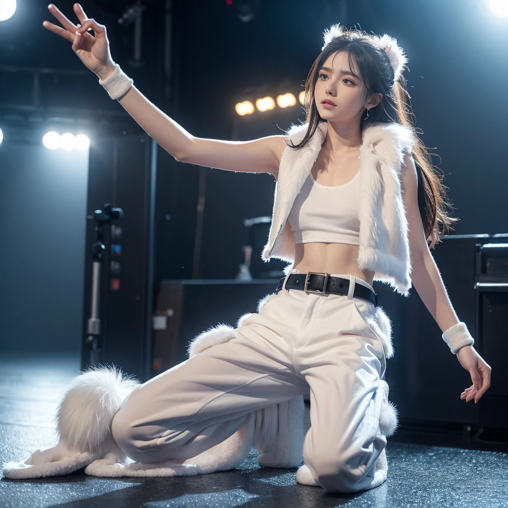  Solitary, Canines, mammal, White body, White fur, blue eyes, Wet fur, band-aid, Tail, Vest, shirt, Wristband, Pants, Footwear, Looking at the audience, toolbelt, external, Front view