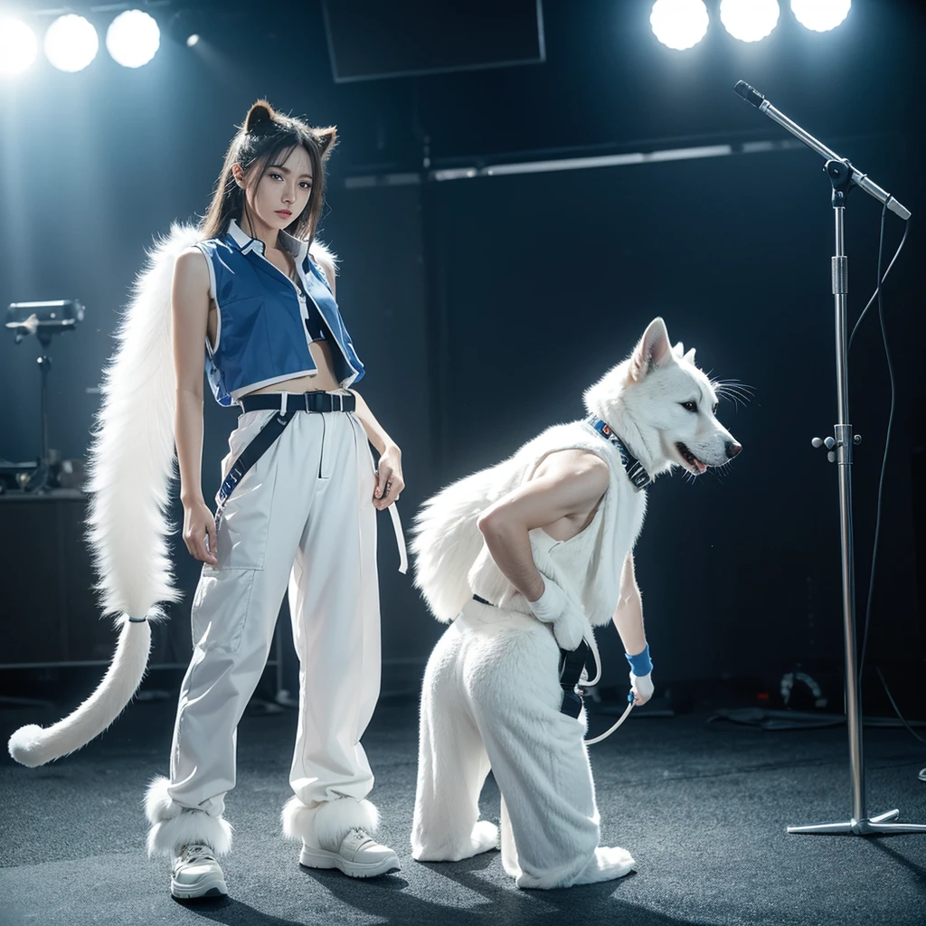  Solitary, Canines, mammal, White body, White fur, blue eyes, Wet fur, band-aid, Tail, Vest, shirt, Wristband, Pants, Footwear, Looking at the audience, toolbelt, external, Front view