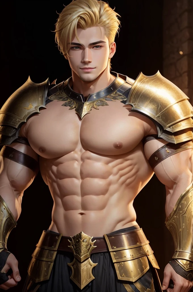 An armored college boy.   He is covered in full knight armor and holds a sword.  Hulking upper body with wide shoulders and a very thin waist (28 inch waist).  Tall young man.  Massive chest with plump pectorals. Giant, powerful chest.  Massive, muscular arms with giant, plump biceps and giant triceps. Fully armored. White, German ethnicity, and styled golden blonde hair. Extremely handsome young nan with beautiful eyes and a beautiful smile.