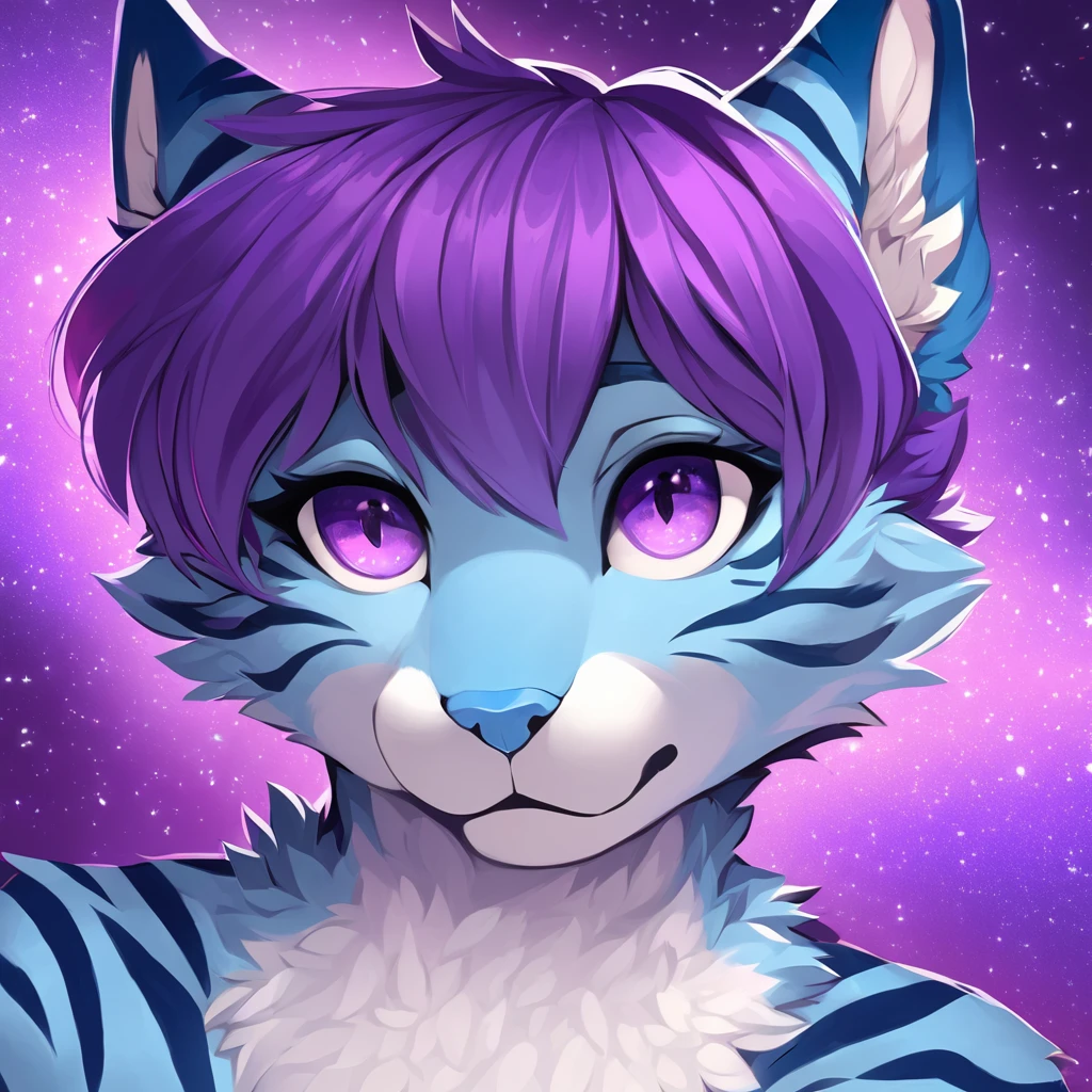 single, solo, adult, feline, mammal, anthro, anthropomorphic, snow_leopard, cat, striped_feline, fur, furred_anthro, fluffy_tail, femboy, male, bangs, ear_tufts, blue_nose, blue_fingers, hair_tuft, hair_between_eyes, long_tail, fluffy, feline_ears, expressive_eyes, purple_hair, purple_galaxy, purple_galaxy_background, light, looking_at_viewer, blue_fur, shy, small_pupils, spotted_pattern, stripes, tail, tiger_stripes, digital_art, high_resolution, high_res, background, head_visible, neck_visible, profile_picture, seductive_face, headshot, close_up