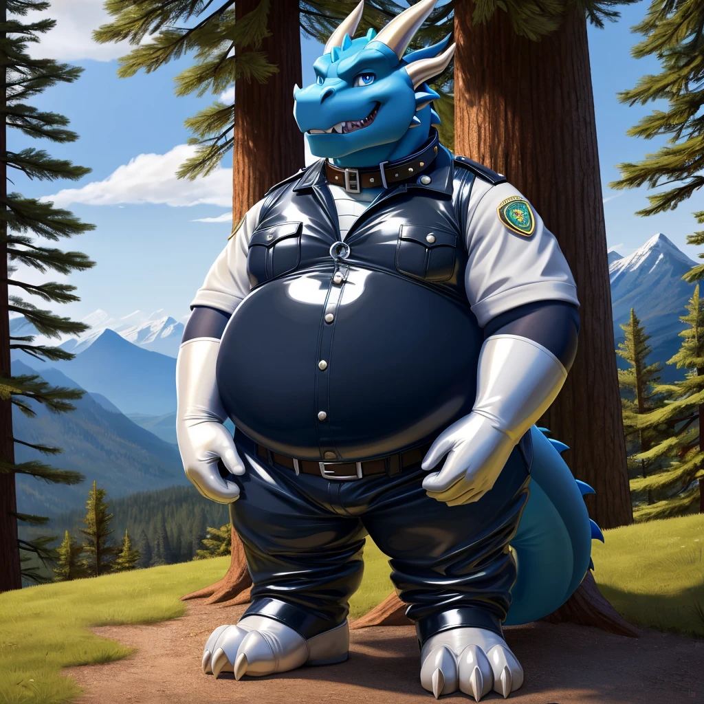 solo, full body, Male, fat, extremely obese, Dragon, park ranger, trousers, outdoor, park ranger uniform, collared shirt with buttons, blue eyes, (soft shading), 4k, hi res, ((detailed face, detailed)), looking at viewer, evil grin, Dragon is wearing the collared shirt and leather collar at the same time, Dragon is wearing a glossy leather dog collar around the neck, Dragon is wearing white rubber gloves on the hands, white rubber gloves on the feet, gloves are rubber in texture, leather collar is shiny, leather collar is extremely detailed, rubber gloves are glossy, Evergreen pine forest and mountains national park in the background, Environmental protection area.