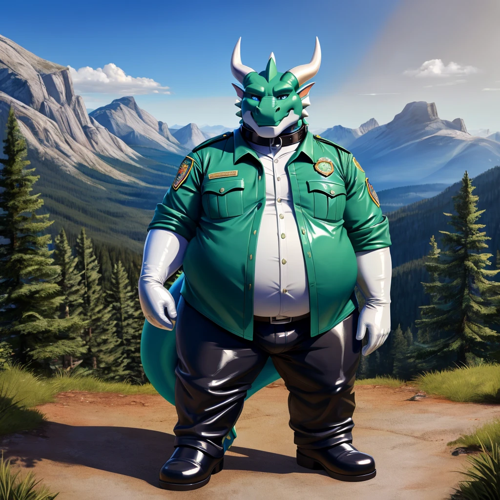 solo, full body, Male, fat, extremely obese, Dragon, park ranger, trousers, outdoor, park ranger uniform, collared shirt with buttons, blue eyes, (soft shading), 4k, hi res, ((detailed face, detailed)), looking at viewer, evil grin, Dragon is wearing the collared shirt and leather collar at the same time, Dragon is wearing a glossy leather dog collar around the neck, Dragon is wearing white rubber gloves on the hands, white rubber gloves on the feet, gloves are rubber in texture, leather collar is shiny, leather collar is extremely detailed, rubber gloves are glossy, Evergreen pine forest and mountains national park in the background, Environmental protection area.