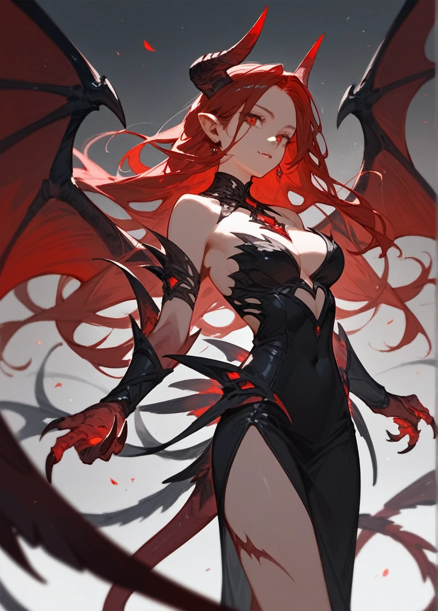 (score_9,score_8_up,score_7_up),1girl,girl demon,red hair,red eyes,wings,claws,black dress,beautiful_face,