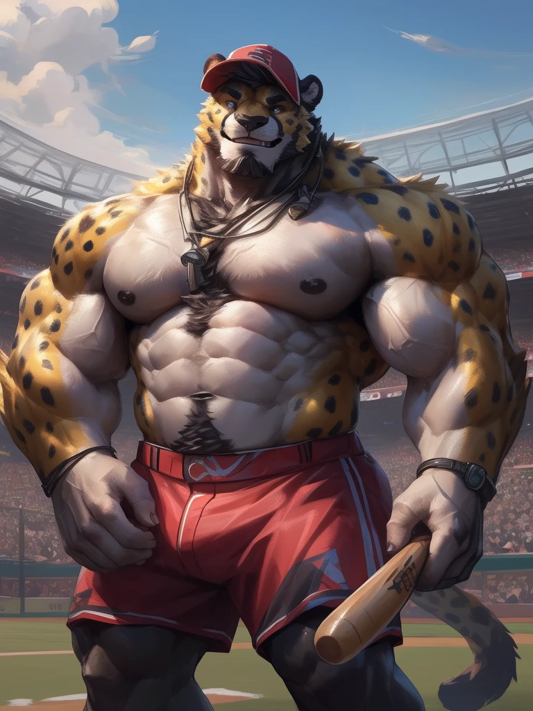 lindong, lucusold, lanxus, a man with a huge muscle, furry cheetah playing baseball, baseball hat, baseball fields, ((huge muscular:1.2, wide pectoral, thick arms, sixpack)), smile, thicc, lowres, giant and muscular, danbooru and artstation, heavy detailed, insanely inflated hips, proportionally arms, fluffy chest, commission for high res, detailed but rough, semirealistic:1.3