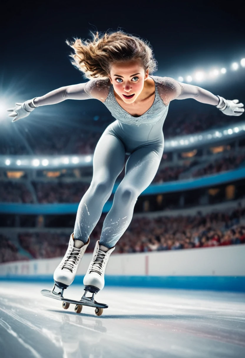 (Athlete), On the skating track, athletes wearing ice skates are gliding at high speed, with a light body. The background is the audience, full body, (Photography), panoramic view, award-winning, cinematic still, emotional, vignette, dynamic, vivid, (masterpiece, best quality, Professional, perfect composition, very aesthetic, absurdres, ultra-detailed, intricate details:1.3)