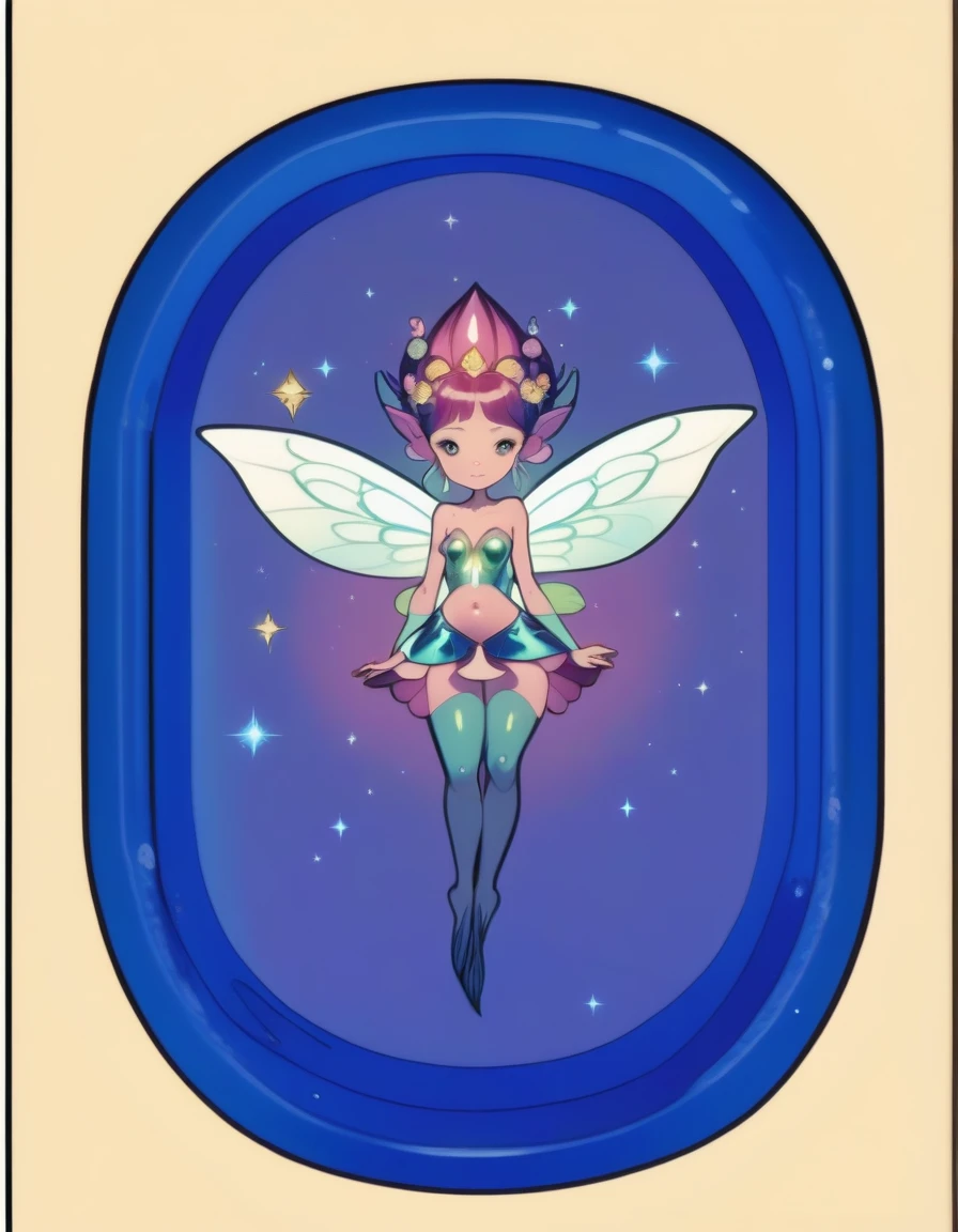 a cartoon picture of a fairy sitting on a blue and white plate, pixie character, space flower fairy, astral fairy, portrait of a fairy, tatsumaki, water fairy, queen of the fairies, [ tarot card ]!!!!!, as a tarot card, faerie, fairy queen, she has iridescent membranes, full body portrait of a short!,rouge 