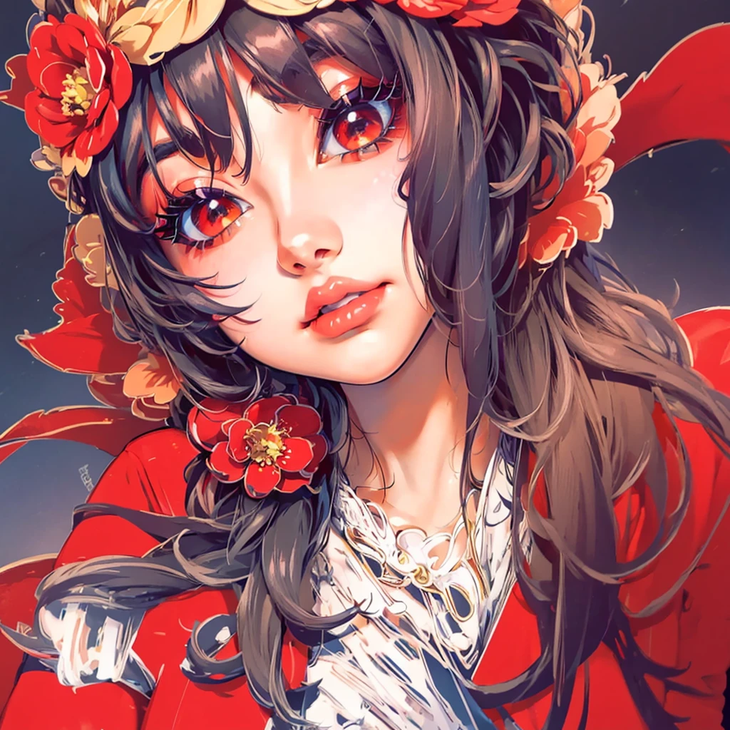 (masterpiece),(best quality:1.0), (ultra highres:1.0), detailed illustration, 8k, anime, 1girl, beautiful anime girl, wearing a red dress, flower crown, pretty face, detailed face, beautiful eyes, detailed eyes, dark red eyes, bright red lips, red lipstick, beautiful stylish hair, highlights in hair, bangs anime style, best quality, vibrant