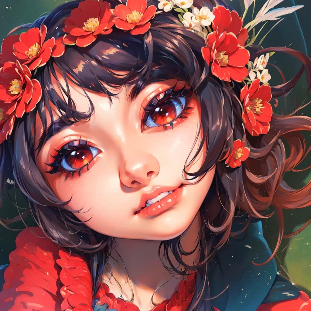 (masterpiece),(best quality:1.0), (ultra highres:1.0), detailed illustration, 8k, anime, 1girl, beautiful anime girl, wearing a red dress, flower crown, pretty face, detailed face, beautiful eyes, detailed eyes, dark red eyes, bright red lips, red lipstick, beautiful stylish hair, highlights in hair, bangs anime style, best quality, vibrant