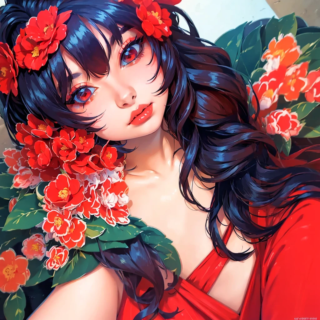 (masterpiece),(best quality:1.0), (ultra highres:1.0), detailed illustration, 8k, anime, 1girl, beautiful anime girl, wearing a red dress, flower crown, pretty face, detailed face, beautiful eyes, detailed eyes, dark red eyes, bright red lips, red lipstick, beautiful stylish hair, highlights in hair, bangs anime style, best quality, vibrant