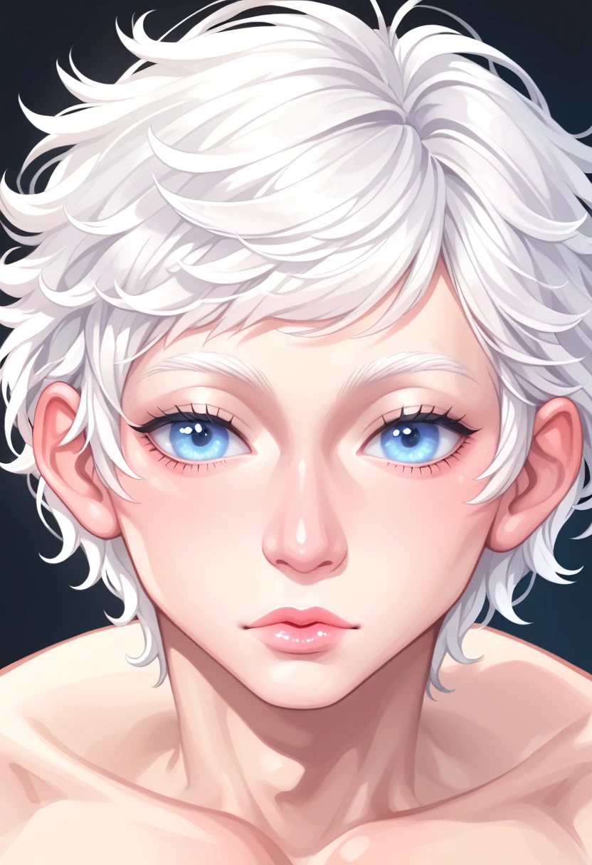 Adorable albino boy with light blue eyes, and long, drooping eyelashes, pink and full lips, He is a man with a calm expression, he has bright white hair, short in layers and split ends, and he is very handsome but at the same time tender.
