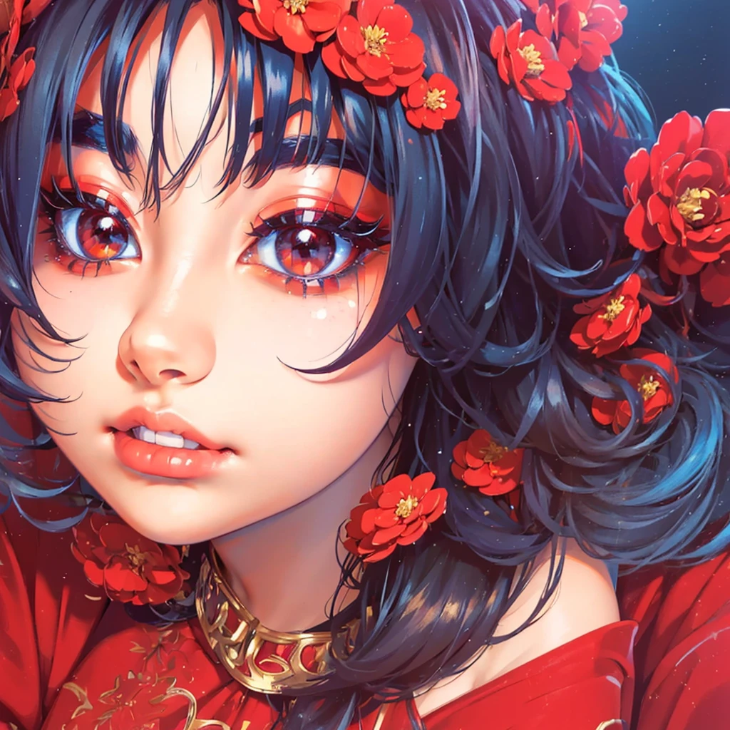 (masterpiece),(best quality:1.0), (ultra highres:1.0), detailed illustration, 8k, anime, 1girl, beautiful anime girl, wearing a red dress, flower crown, pretty face, detailed face, beautiful eyes, detailed eyes, dark red eyes, bright red lips, red lipstick, beautiful stylish hair, highlights in hair, bangs anime style, best quality, vibrant