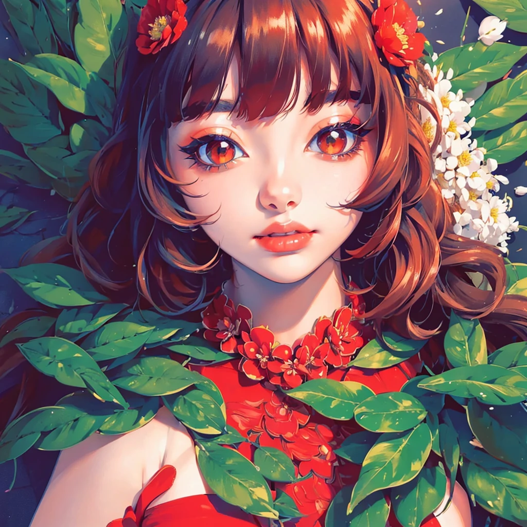 (masterpiece),(best quality:1.0), (ultra highres:1.0), detailed illustration, 8k, anime, 1girl, beautiful anime girl, wearing a red dress, flower crown, pretty face, detailed face, beautiful eyes, detailed eyes, dark red eyes, bright red lips, red lipstick, beautiful stylish hair, highlights in hair, bangs anime style, best quality, vibrant