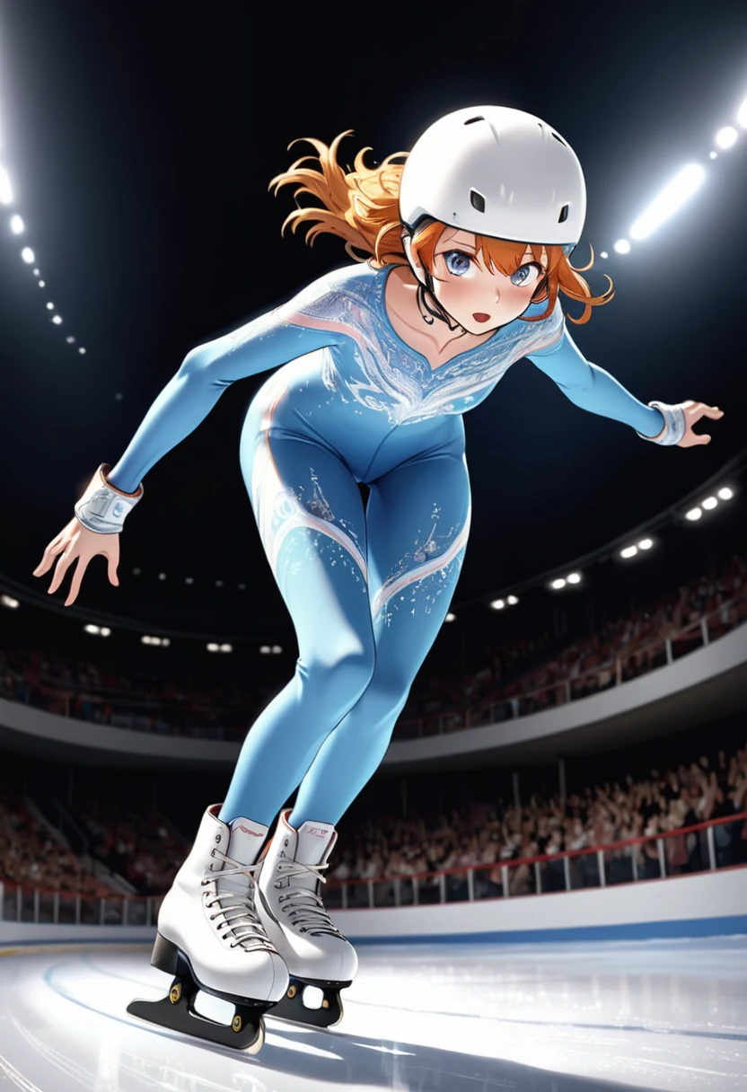 (Athlete), On the skating track, athletes wearing ice skates are gliding at high speed, with a light body. The background is the audience, full body, (Photography), panoramic view, award-winning, cinematic still, emotional, vignette, dynamic, vivid, (masterpiece, best quality, Professional, perfect composition, very aesthetic, absurdres, ultra-detailed, intricate details:1.3)