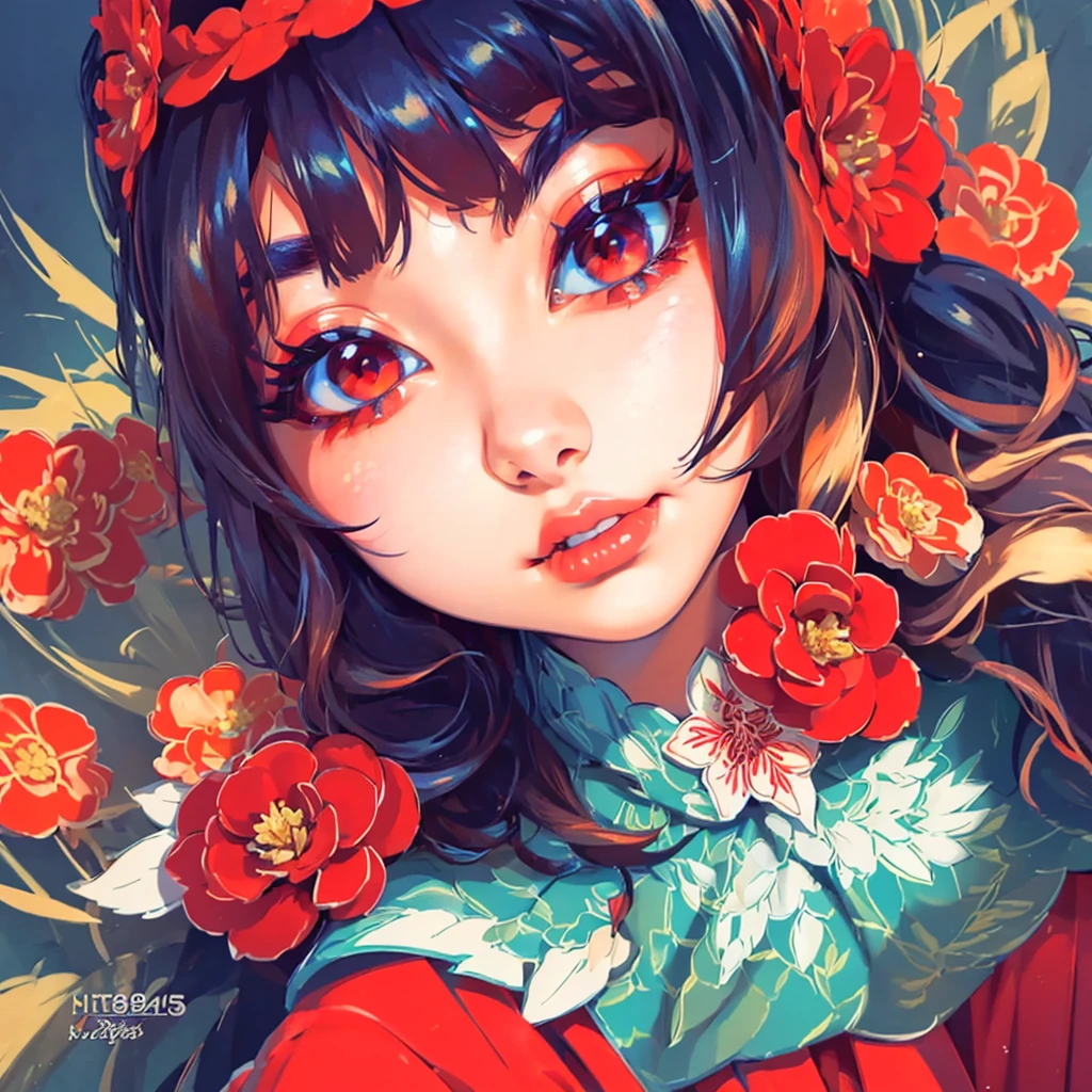 (masterpiece),(best quality:1.0), (ultra highres:1.0), detailed illustration, 8k, anime, 1girl, beautiful anime girl, wearing a red dress, flower crown, pretty face, detailed face, beautiful eyes, detailed eyes, dark red eyes, bright red lips, red lipstick, beautiful stylish hair, highlights in hair, bangs anime style, best quality, vibrant