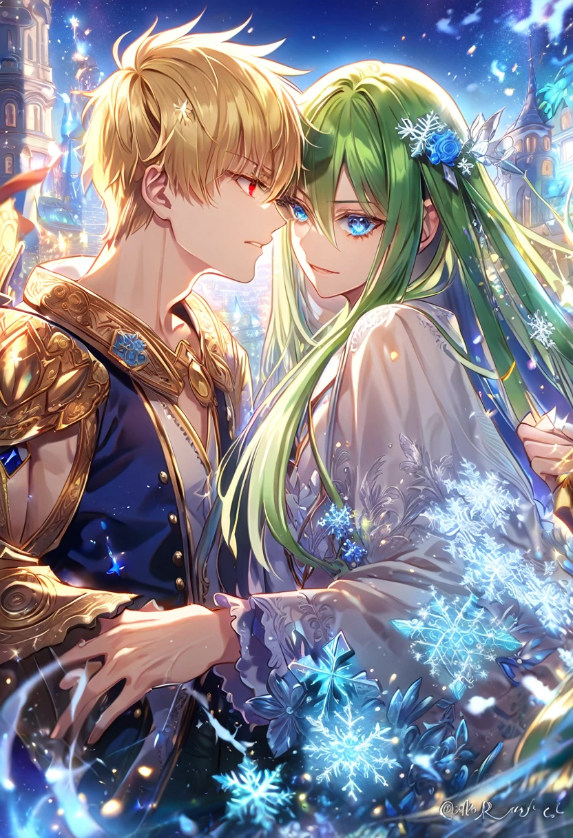 (absurdres, highres, ultra detailed, HDR) master piece, best quality, extremely detailed face, Gilgamesh, blonde hair, expressive red eyes, Fate Grand Order, Enkidu, ligth-green hair, expressive blue eyes, two sexy men together, yaoi, gay couple, handsome, magical fantasy, glittering, sparkling, blue roses, radiant, blue sparkling fireflies, blue fire, envy magical, city, snowflakes, ice