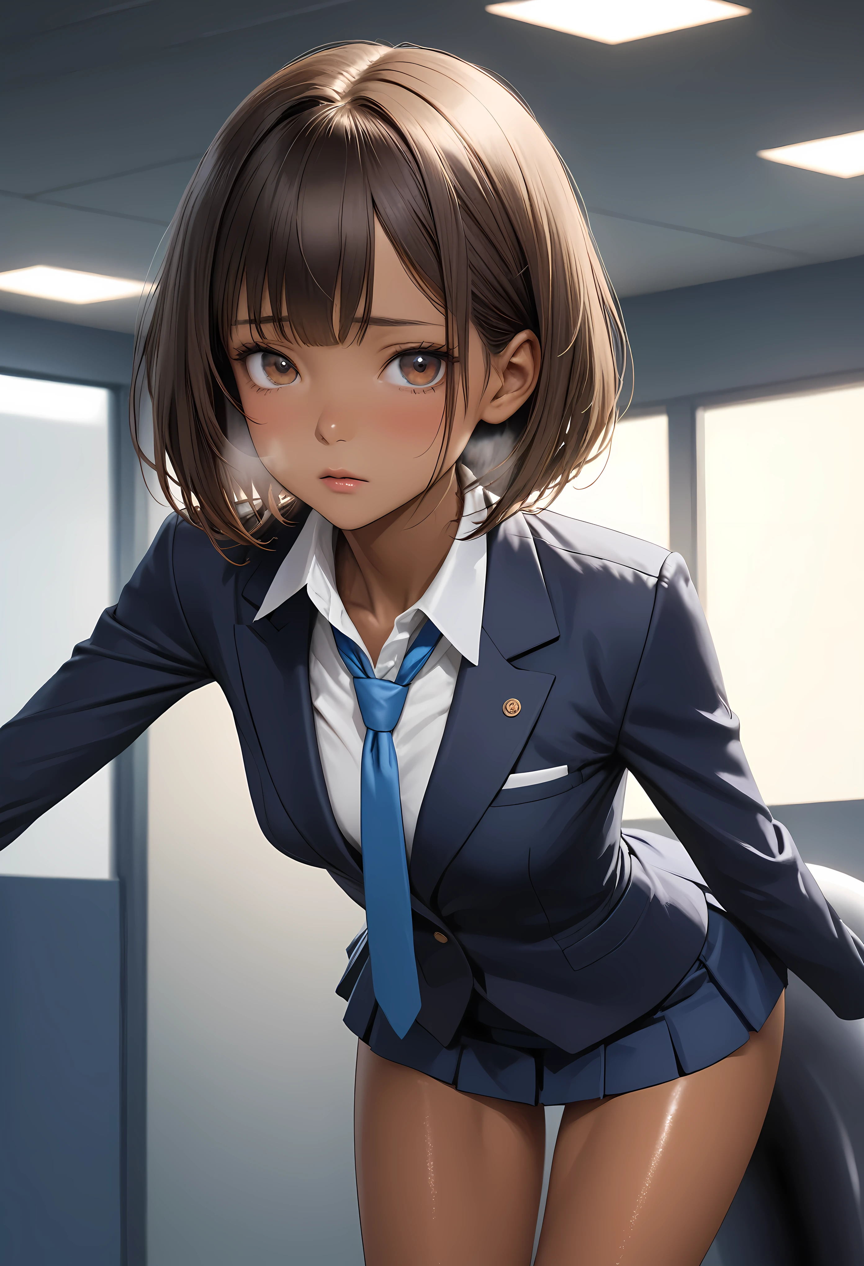 (masterpiece,Highest quality:1.3,best quality illustration),realistic,cowboy shot,1woman,30 year old Japanese beauty,((very small head:1.4)),short bob hair,brown hair,bangs,brown eyes,gorgeous eyes,shy,Heavy breathing,((Dark blue blazer jacket、White Shirt、Blue tie、Navy blue mini skirt、black thighhighs)),Naval Officer Uniform,small breasts,((very long body:1.4,tan skin:1.3)),(toned body,slender body,skinny),gleaming skin,shiny skin,Love juice:1.5,standing,conference room、Naval Base、