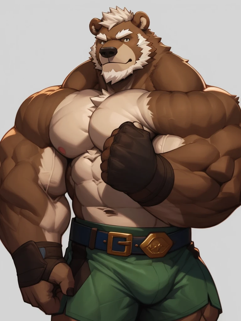 solo, 1boy, Huge Muscular Old Grizzly Bear wearing kickboxing belt , thick pectoral, thick arms, huge pectoral, wide pectoral, hige brown fur, short white hair, short pants and shirtless, bearded, simple background, masterpiece, semirealistic:1.2, high detailed, 8k, high resolution