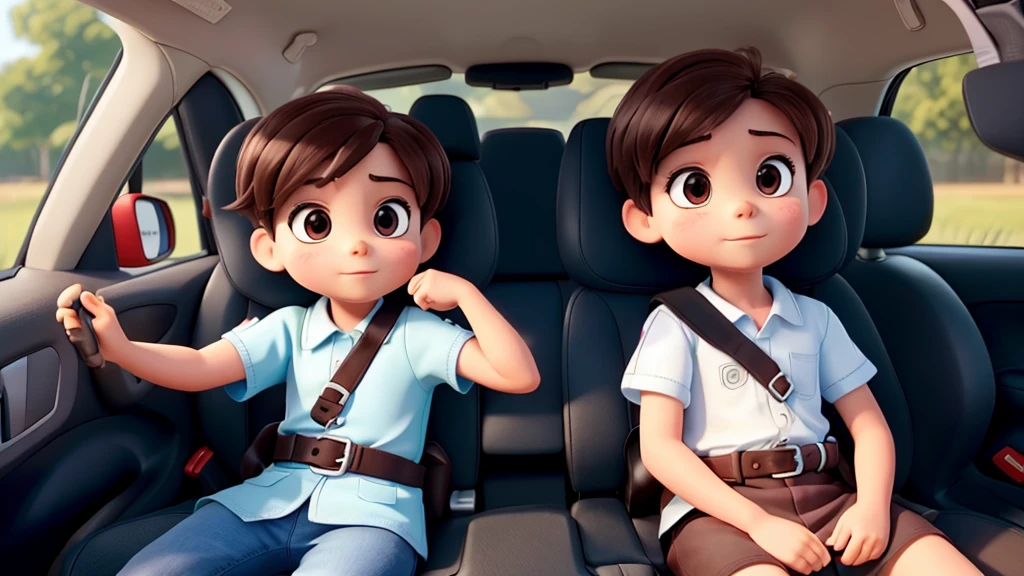 "Draw two children in the back seat of a car. A child must have their seat belt fastened correctly, and the other must be without the belt, showing the difference between being safe and not being. The belted child must be seated securely and comfortably, while the without a belt may be a little clumsy, with an expression of inattention or unconcern."