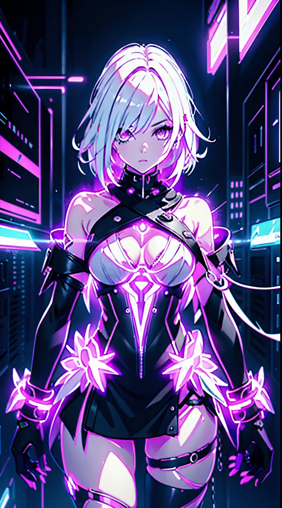 Android Girl,white hair,short and messy hair, purple neon eyes, Holding a chain whip, chains on the hands, circular chains over body, cute, skirt, white blouse, cyberpunk style, eletronic gloves, mecanic parts, eletronic details,living room background.HD lighting and dark )(epic image quality) dark atmosphere with bright particle light(many effects in background), fullbody shot, robot, neon tweaks, cyberpunk theme