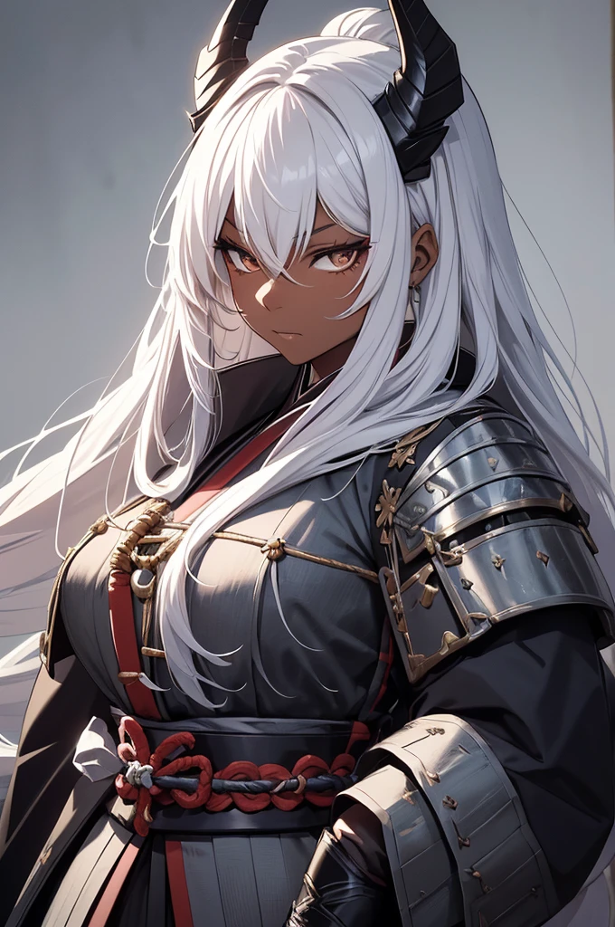 Create an illustration of a female samurai with humanoid and goat features, including longs horns. She has dark skin and very long white hair. Her attire should be more medieval village, incorporating elements such as leather armor, chainmail. Equip her with two katanas. The overall aesthetic should maintain a balance between her fierce warrior persona and her unique hybrid appearance.