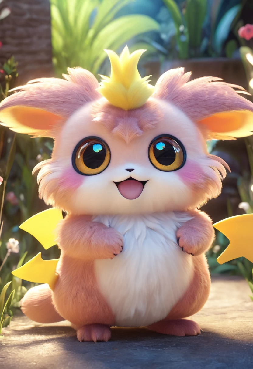 A cute pokemon monster, highly detailed, 3D render, vibrant colors, soft lighting, magical atmosphere, adorable expression, chubby cheeks, big eyes, fluffy fur, adorable pose, glowing effect, fantasy setting, intricate details, cute and whimsical, photorealistic, 8k, best quality, masterpiece