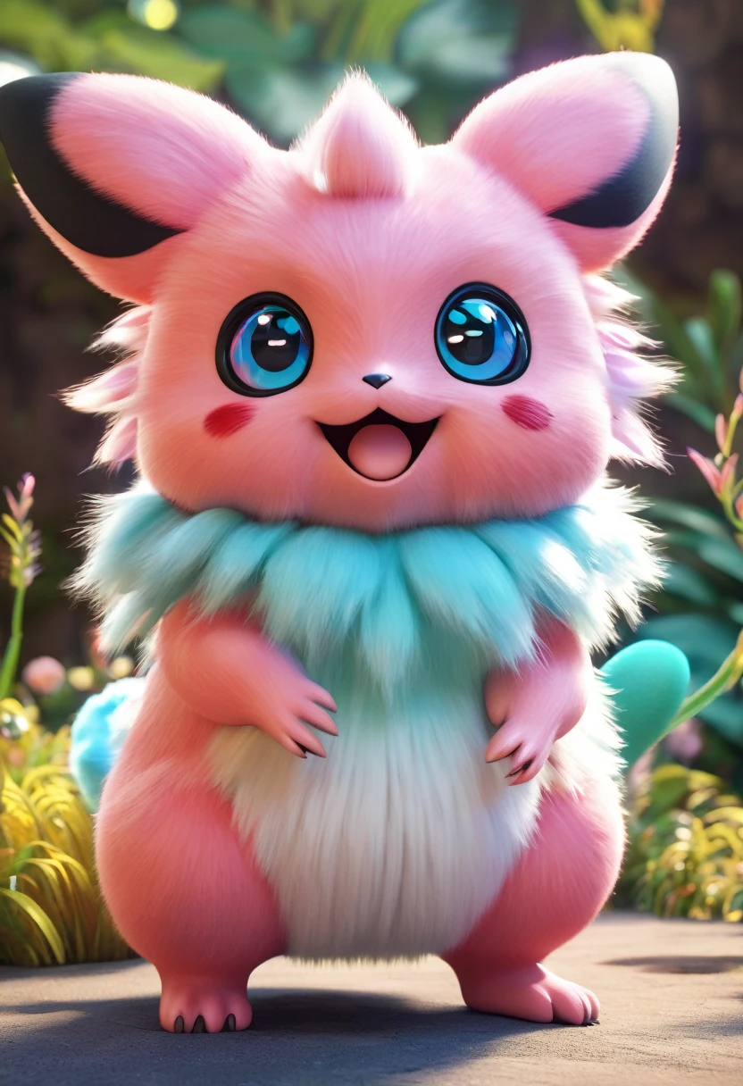 A cute pokemon monster, highly detailed, 3D render, vibrant colors, soft lighting, magical atmosphere, adorable expression, chubby cheeks, big eyes, fluffy fur, adorable pose, glowing effect, fantasy setting, intricate details, cute and whimsical, photorealistic, 8k, best quality, masterpiece