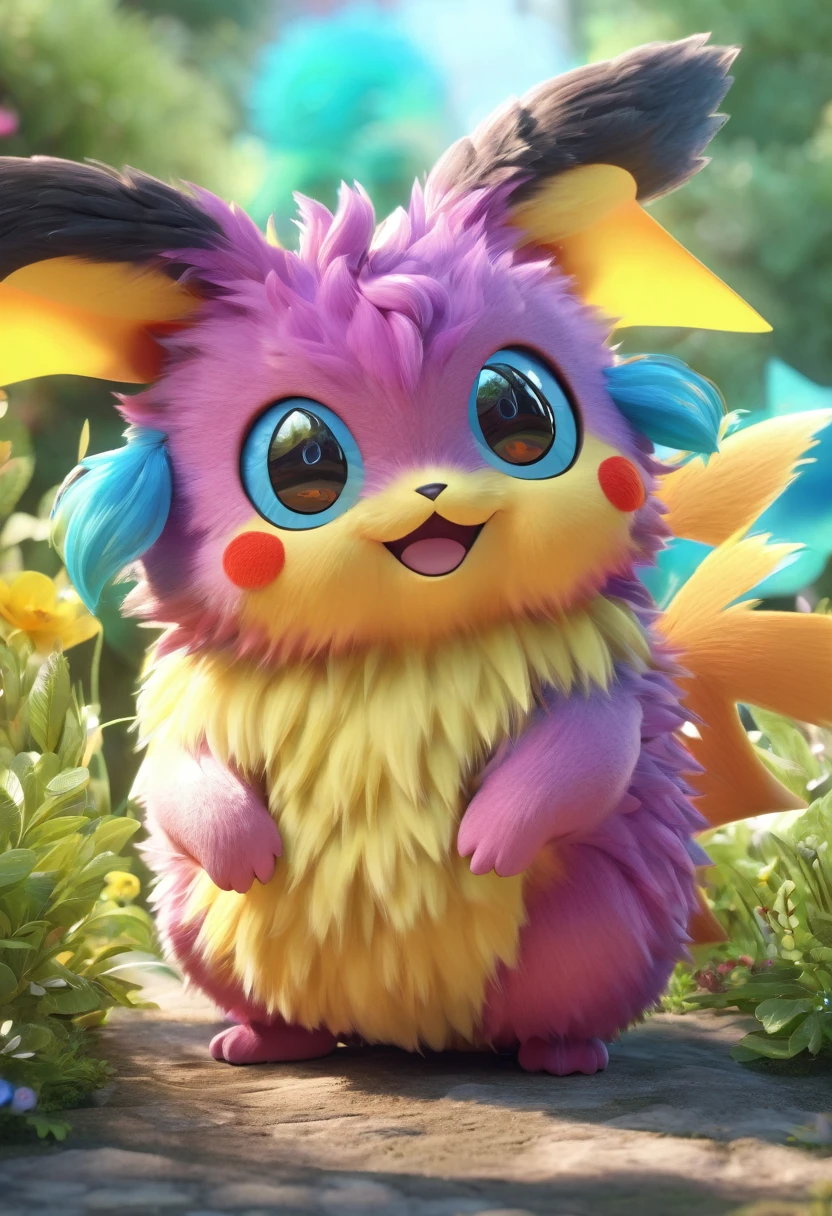 A cute pokemon monster, highly detailed, 3D render, vibrant colors, soft lighting, magical atmosphere, adorable expression, chubby cheeks, big eyes, fluffy fur, adorable pose, glowing effect, fantasy setting, intricate details, cute and whimsical, photorealistic, 8k, best quality, masterpiece